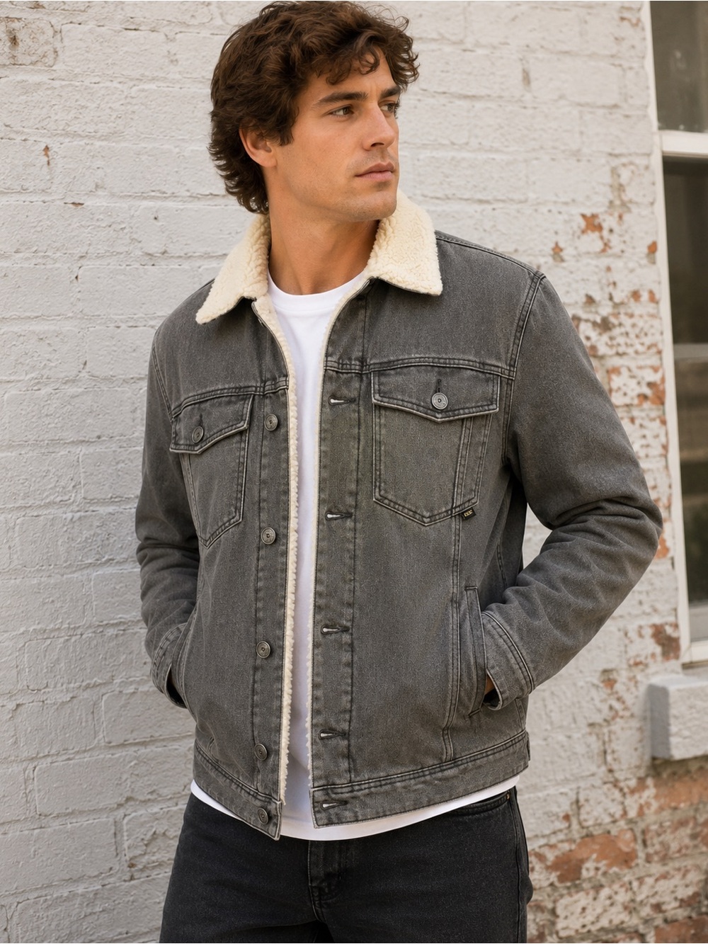 WeSC Sherpa Lined Denim Trucker Jacket Gray Unisex Size S Fleece Western